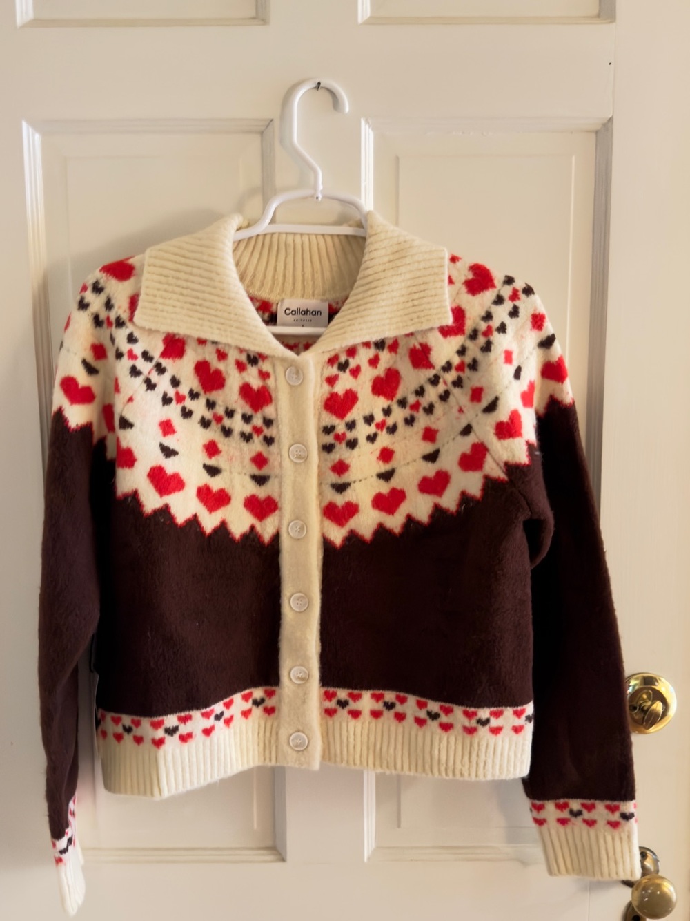 Callahan Cream, Red & Brown Heart-Print Button Cardigan